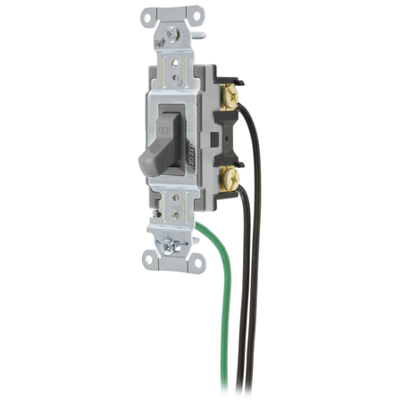 HUBBELL WIRING DEVICE-KELLEMS Spec Grade, Toggle Switches, General Purpose AC, Single Pole, 15A 120/277V AC, Back and Side Wired, Pre-Wired with 8" #12 THHN CSL115GY